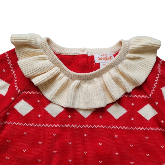 Baby Girls Fair Isle Sweater Romper Ruffled - Cat & Jack Red One Piece Bodysuit - Picture 4 of 10